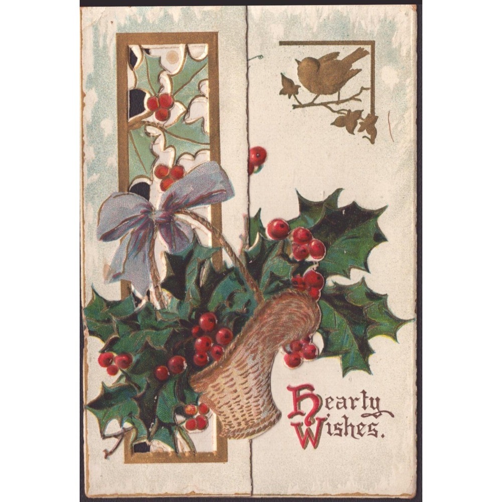 Antique Embossed Christmas Card Hearty Wishes Holly Berries Bird Fold Out G